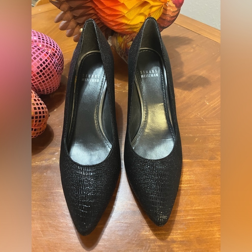 Stuart Weitzman Textured Saffiano Leather Black Heels Slip On Pump Size 7.5M